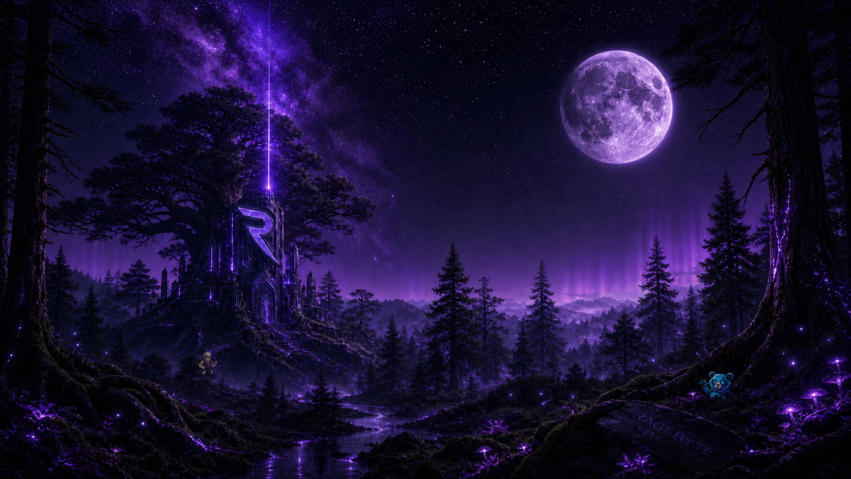Neon purple forest with the RageByte monolith under a full moon